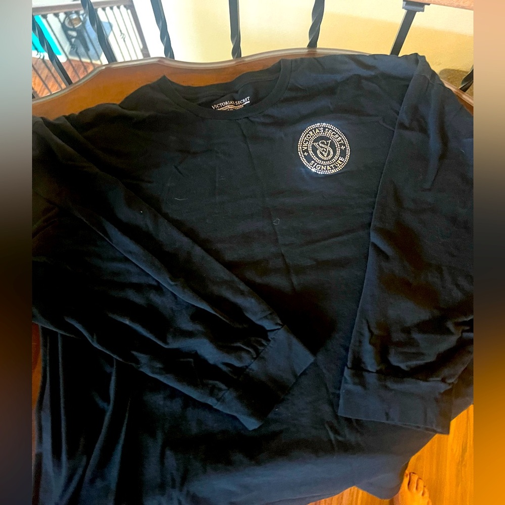 Victoria's Secret Black Long Sleeve Shirt with Rhinestone Emblem